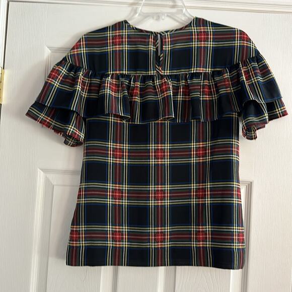 J Crew Edie Stewart Plaid Ruffle Top Black Red Green SIZE 2 Blouse Tartan Top - Picture 14 of 14